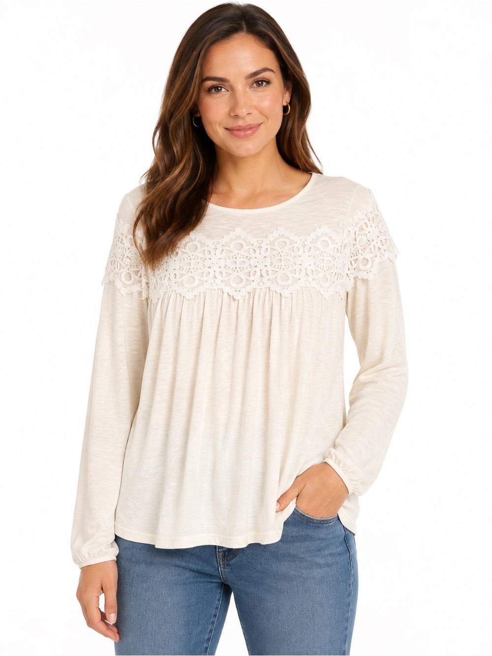 Max Jeans Cream Lace Yoke Long Sleeve babydoll boho top - 0922